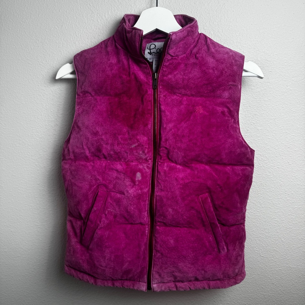 Lilly Pulitzer Vintage Pig Suede Puffer Vest Small Pink Embroidered Palm Tree